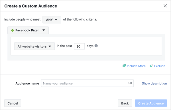Výchozí nastavení pro vytváření vlastního publika na Facebooku.