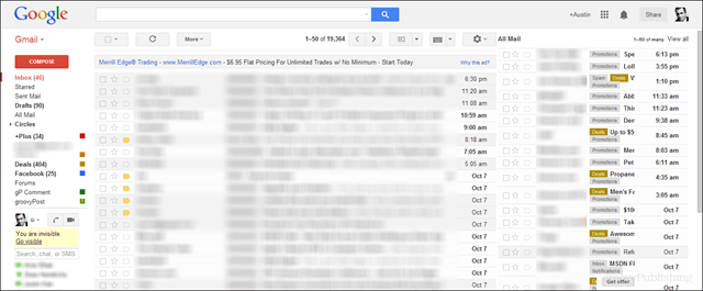 náhled obrazovky gmail s veškerou poštou ve 2. podokně vpravo