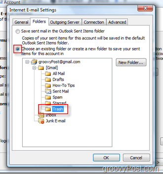 Nastavení složky SEND Mail pro účet iMAP v aplikaci Outlook 2007:: Vyberte složku Trash
