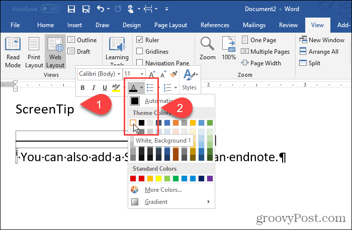 Změňte barvu číslice koncového textu v aplikaci Word