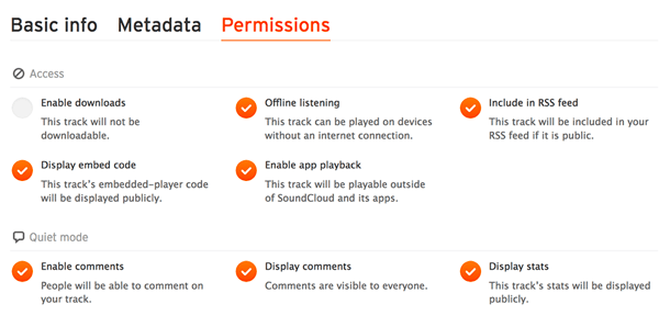 Na kartě Oprávnění zkontrolujte, zda je váš zvukový soubor obsažen ve zdroji RSS SoundCloud.