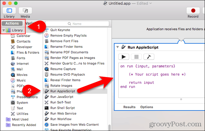 Přetáhněte Spustit AppleScript do panelu pracovního postupu v Automatoru
