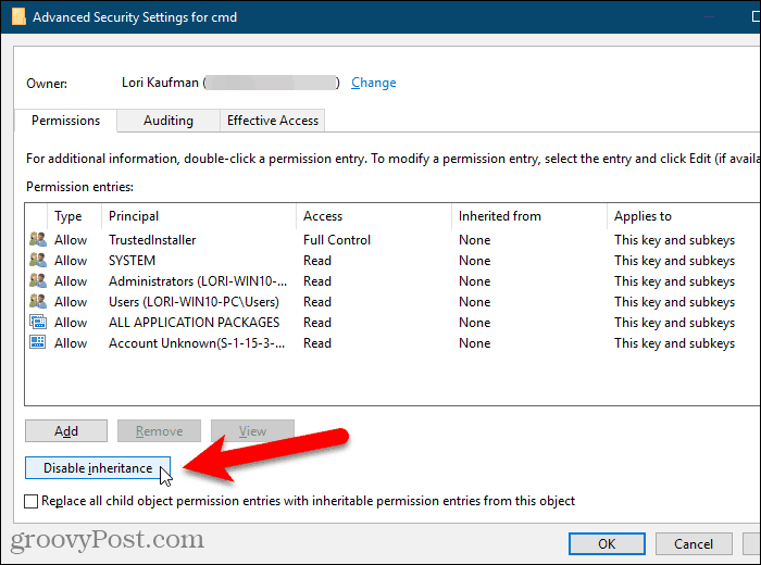 V dialogovém okně Upřesnit nastavení zabezpečení v registru systému Windows klepněte na tlačítko Zakázat dědičnost