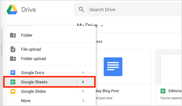 Klikněte vlevo na tlačítko Nové a z rozbalovací nabídky vyberte Tabulky Google.
