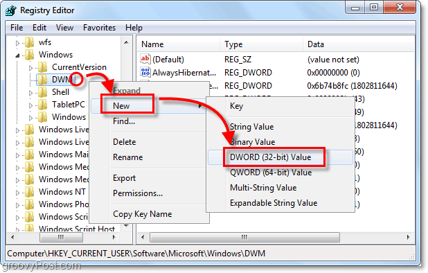 vytvořit nový klíč dwm dword v systému Windows 7