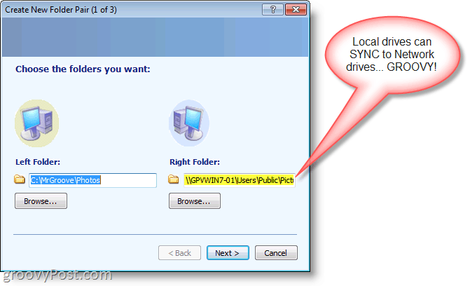 Microsoft SyncToy Vytvoření nového páru složek - Vyberte levý a pravý adresář Screenshot