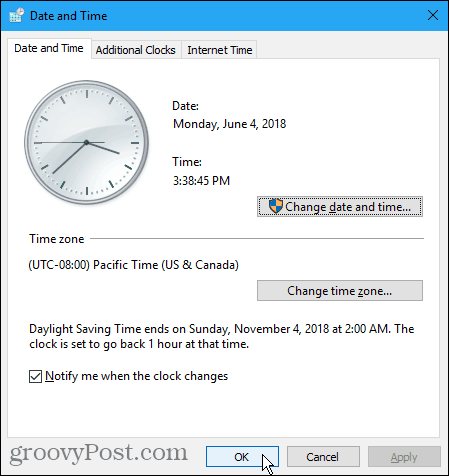Dialogové okno Datum a čas v systému Windows