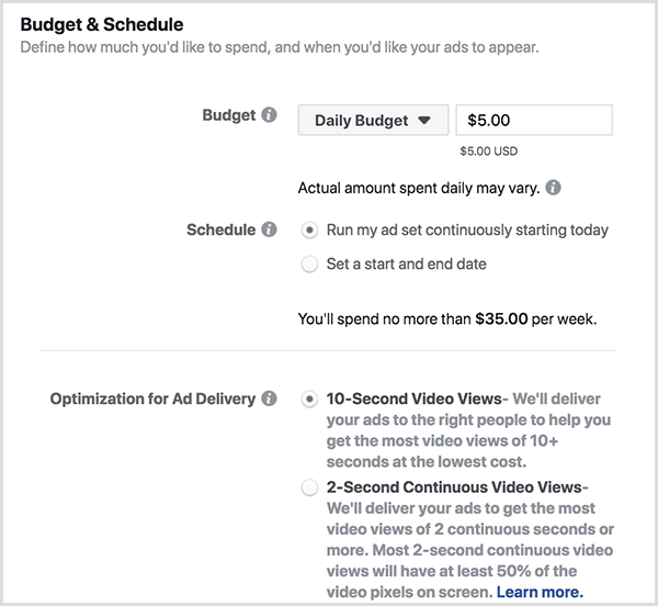 Možnosti rozpočtu a harmonogramu reklam na Facebooku zahrnují denní rozpočet a 10sekundové zhlédnutí.