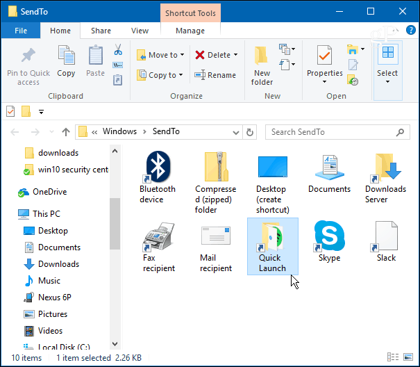 Přidejte panel rychlého spuštění do kontextové nabídky Windows 10 „Odeslat do“