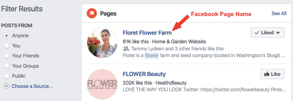 Příklad stránky Facebook s názvem Floret Flower Farm ve výsledcích vyhledávání.