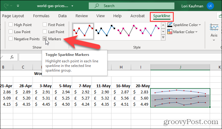 Zobrazit značky na křivkách v aplikaci Excel