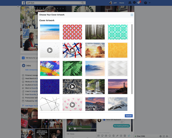 Facebook nyní umožňuje uživatelům vybrat video pro titulní obrázek profilu z knihovny Artwork. 