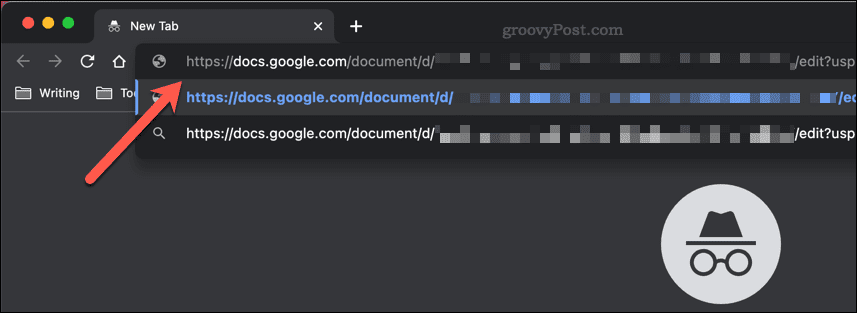 Vložení odkazu na sdílení Dokumentů Google do adresního řádku anonymního okna prohlížeče Google Chrome