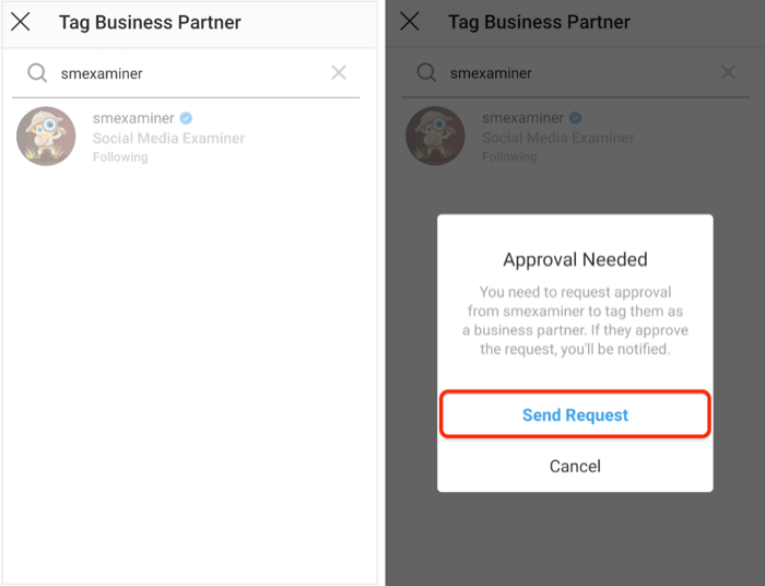 odeslat žádost o schválení obchodnímu partnerovi na Instagramu