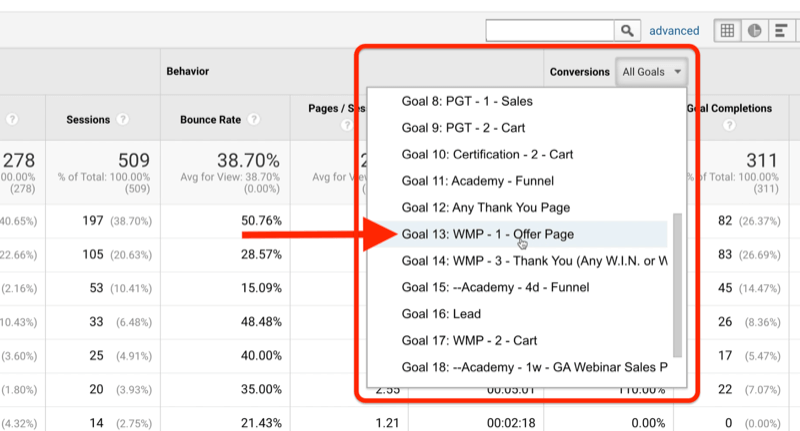 snímek obrazovky cílů povědomí o stránce nabídky Google Analytics s nabídkou konverzí zvýrazněnou s cílem 13: wmp - byla zaznamenána stránka 1 nabídky