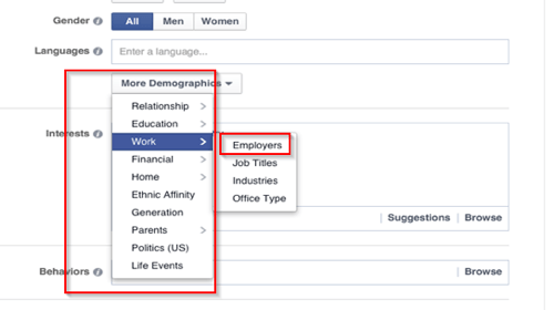 možnosti cílení na facebookovou reklamu na pracovišti