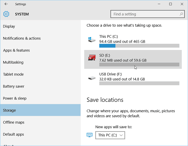 Nastavení úložiště Windows 10