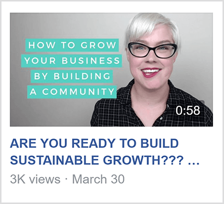 Aby vyučovala ve skupině na Facebooku, Caitlin Bacher sdílí video jako toto video s textem How To Grow Vaše podnikání budováním komunity a obrazem Caitlin od ramen nahoru a čelem k Fotoaparát.