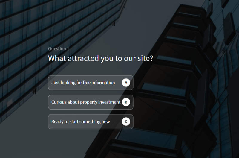 příklad webového kvízu používaného ke kvalifikaci potenciálních zákazníků na webu firmy zaměřené na investování do nemovitostí