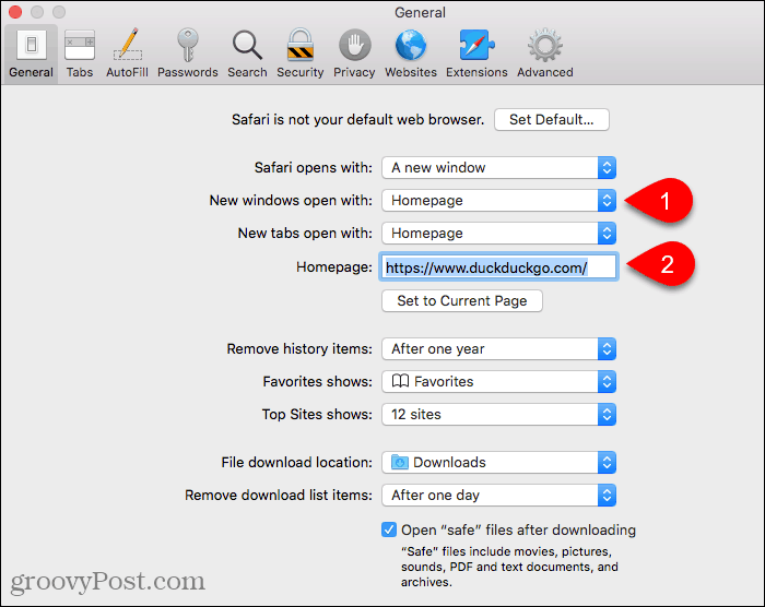 Nastavte domovskou stránku v prohlížeči Safari na počítačích Mac