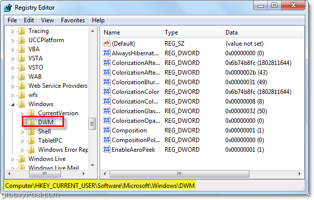 otevřete klíč registru dwm v systému Windows 7