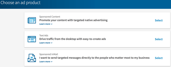 Vyberte typ reklamy LinkedIn, kterou chcete vytvořit.
