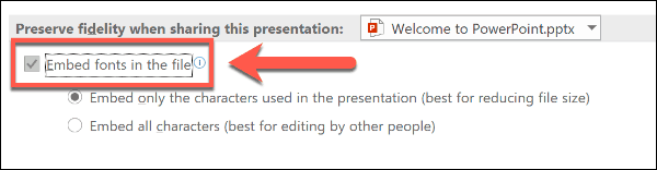 Možnost Vložit písma v aplikaci PowerPoint