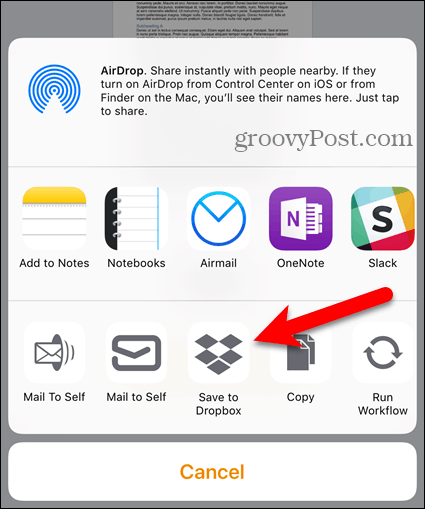 Klepněte na Dropbox na Sdílet list v iOS