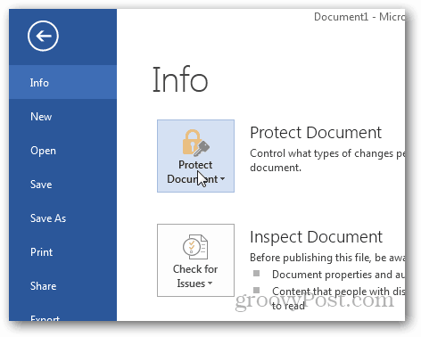 Chránit heslem a zašifrovat dokumenty Office 2013: Klikněte na Chránit dokument