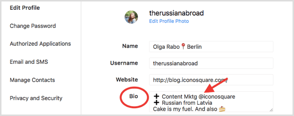 Bio pole v sekci Upravit profil pro profil Instagram