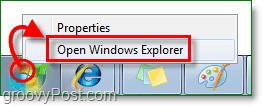 Chcete-li vstoupit do Průzkumníka Windows 7, klepněte pravým tlačítkem myši na počáteční kouli a klepněte na Průzkumník otevřených oken