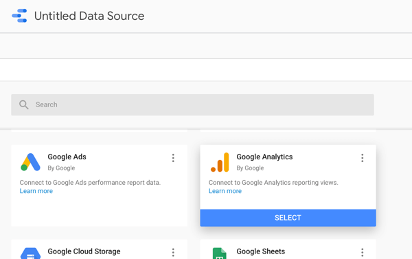 Použijte Google Data Studio k analýze svých reklam na Facebooku, krok 2, možnost použít Google Analytics jako zdroj dat