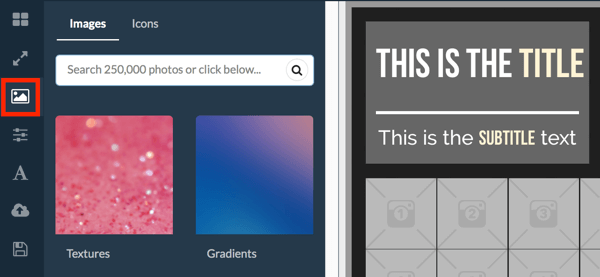 Kliknutím na ikonu obrázku v levé nabídce vyhledáte obrázky ve službě RelayThat.