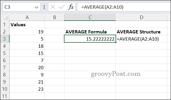 Příklad vzorce AVERAGE v Excelu