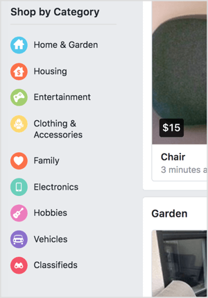 Facebook Marketplace umožňuje nakupovat podle kategorií.