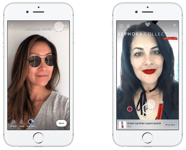 Michael Kors byl první značkou, která testovala reklamy AR v News Feed, což lidem umožnilo vyzkoušet si sluneční brýle a nakoupit na základě svých zkušeností.