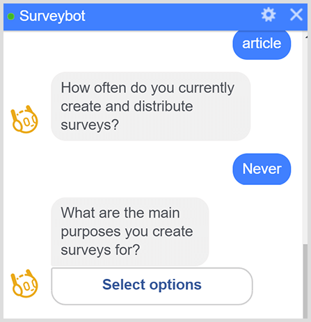 Messengerový robot se ptá na řadu otázek z průzkumu.