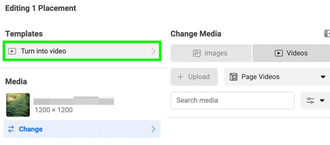 obrázek šablony Turn Into Video v Meta Ads Manager, krok 1