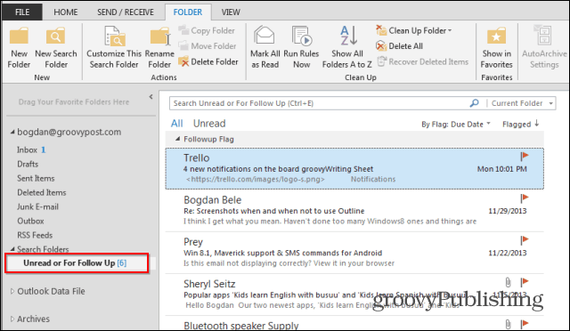 Sledovací složky aplikace Outlook 2013 sledují