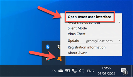 Otevření uživatelské nabídky Avast