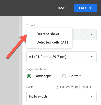 Výběr možnosti exportu pro export PDF v Tabulkách Google