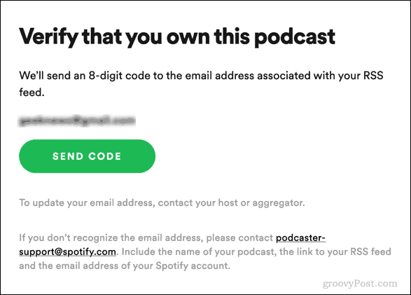 odeslat ověřovací kód pro spotify podcast