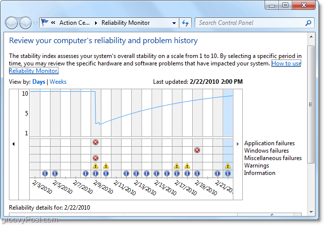 zjistíte, kdy se problém v systému Windows 7 nejprve spustí při pohledu na data