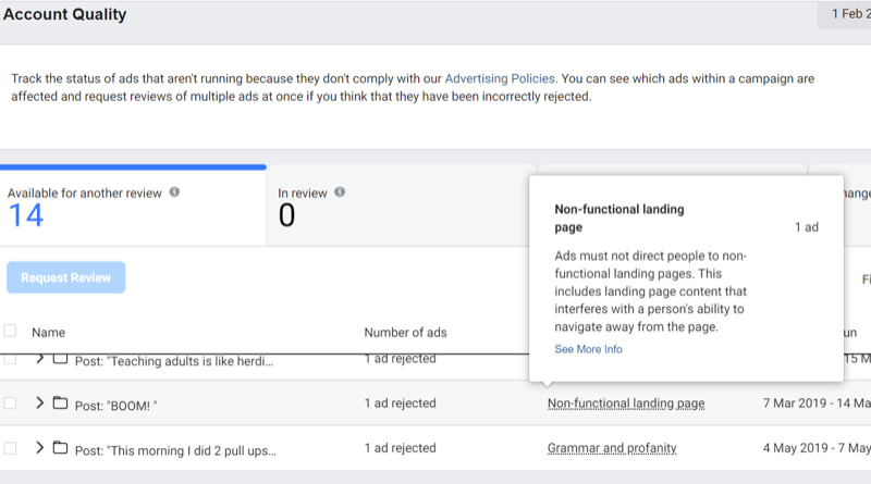 krok 3, jak používat nástroj kvality účtu Facebook