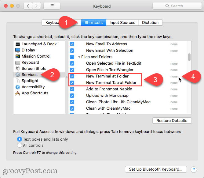 Klepnutím na Žádný přidáte zástupce do služby Nový terminál ve složce v počítači Mac