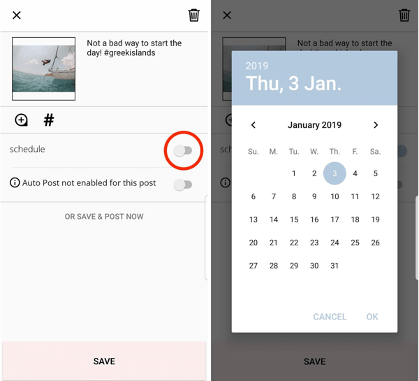 Chcete-li naplánovat svůj příspěvek prostřednictvím aplikace Planoly, klepněte na možnost, kterou chcete naplánovat, a vyberte datum a čas.