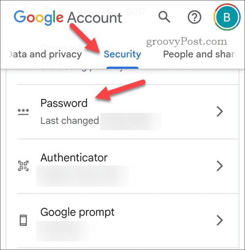 Otevřete nastavení hesla účtu Google