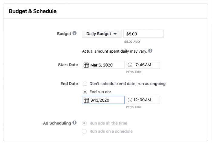 Sekce Budget & Schedule at Ad Set level in Facebook Ads Manager