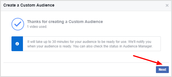 Facebook zobrazí zprávu, která potvrzuje, že vaše vlastní publikum je hotové.