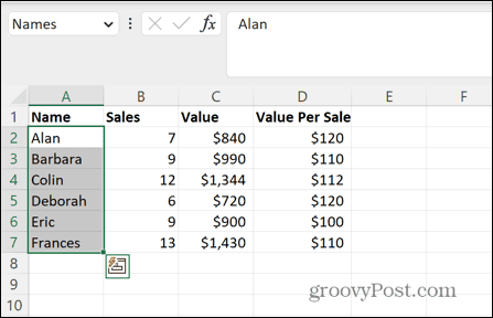 Excel vybraný pojmenovaný rozsah